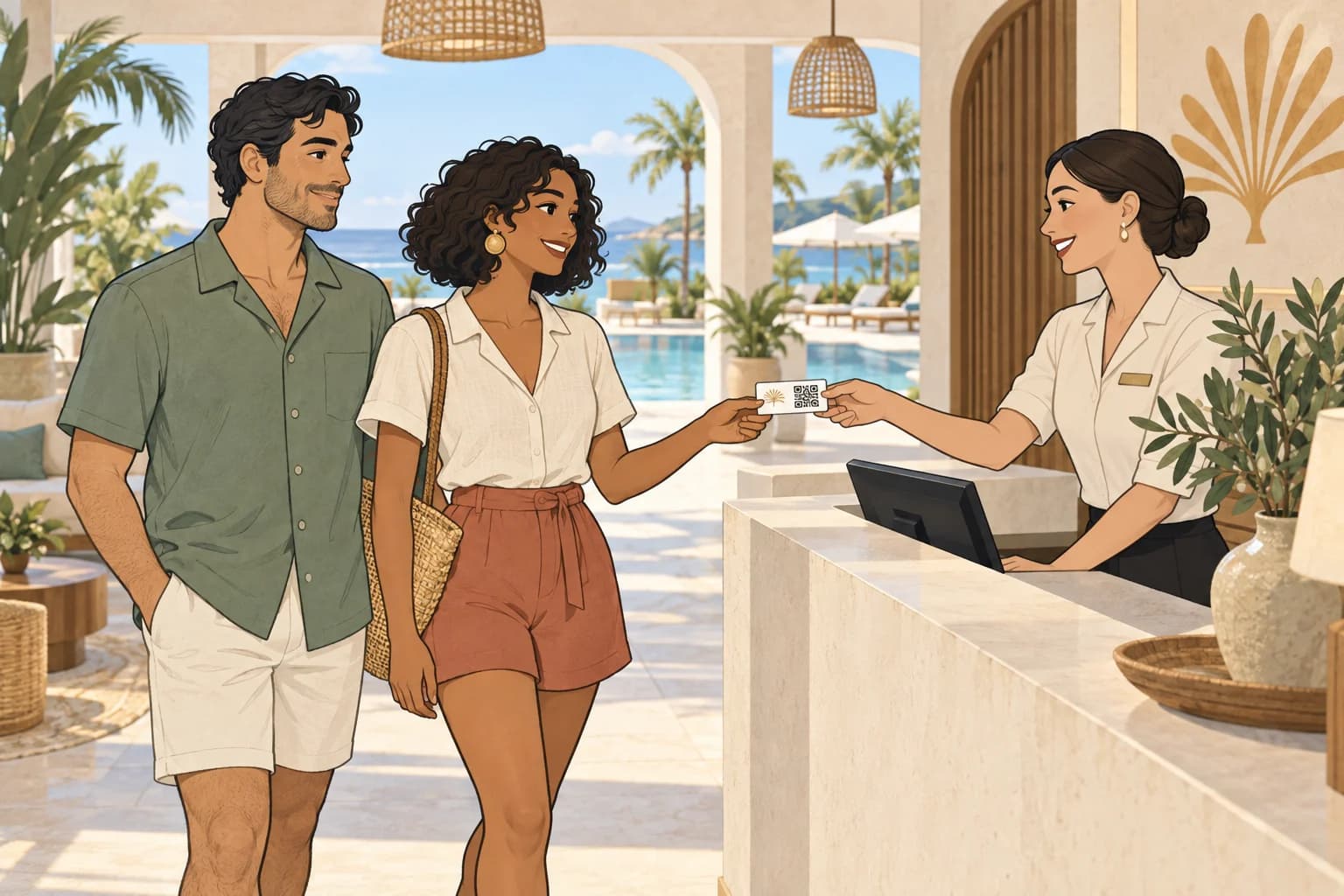 A guest with a curly bob receives her Guest Pass from reception, with her partner beside her.