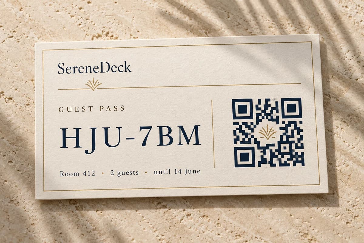 An ivory and gold SereneDeck Guest Pass card: HJU-7BM. Room 412, 2 guests, until 14 June.