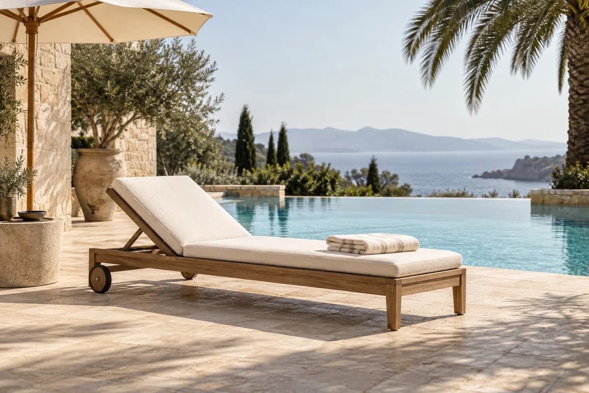 An ivory-cushioned teak sunbed with a folded towel beside a tranquil pool.